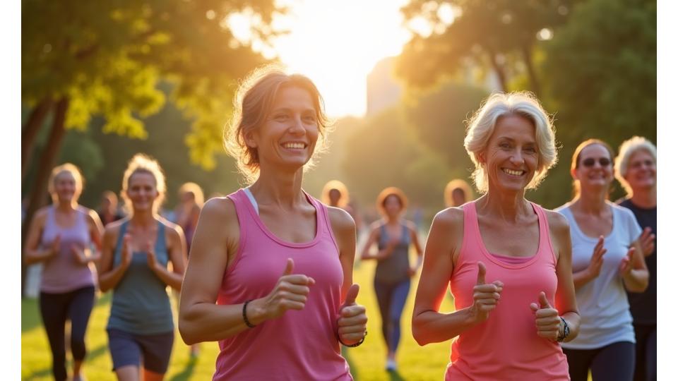 Un gruppo diversificato di persone adulte che pratica yoga all'aperto in un parco soleggiato, sorridendo e interagendo, simboleggiando una comunità benessere attiva e felice.