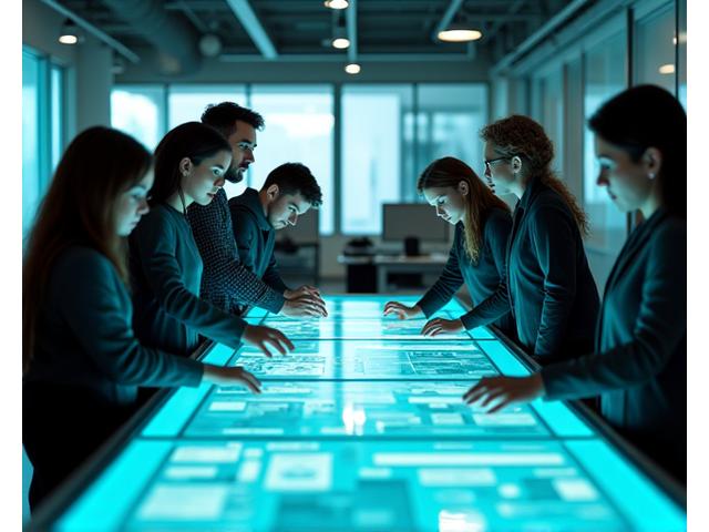 Un team di persone diverse che collaborano attorno a un tablet gigante con diagrammi di flusso e dati, in un ufficio moderno e luminoso, simboleggiando la ricerca e lo sviluppo iterativo.