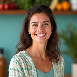 Ritratto di Laura Bianchi, donna energica e accogliente, in una cucina moderna e luminosa, con ingredienti freschi sul bancone.