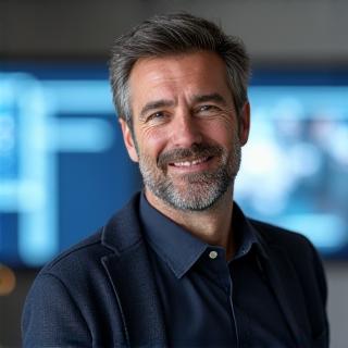 Ritratto di Marco Rossi, uomo sorridente dall'aspetto intelligente, in un ambiente tecnologico moderno, con uno sfondo sfocato di schermi e codice.