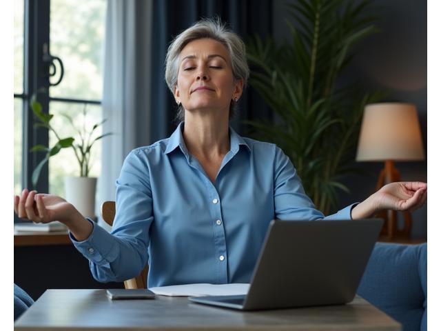Un professionista adulto in un ufficio moderno ma sereno, che pratica mindfulness, bilanciando lavoro e benessere.