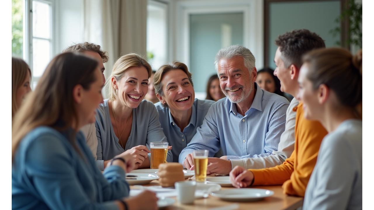 Un gruppo eterogeneo di amici che ridono e interagiscono in un ambiente luminoso, simboleggiando connessione e supporto.