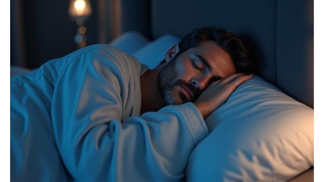Uomo d'affari sereno che dorme tranquillamente nel suo letto