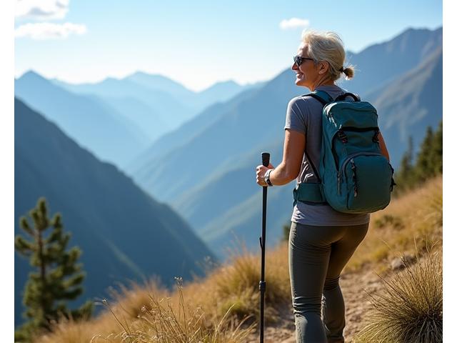 Donna di 50 anni che fa escursioni in montagna mentre si gode la natura