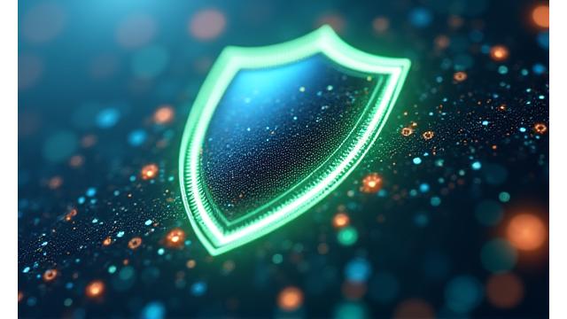 Concetto astratto di protezione dei dati, con uno scudo digitale stilizzato che avvolge icone di dati personali su sfondo sicuro.