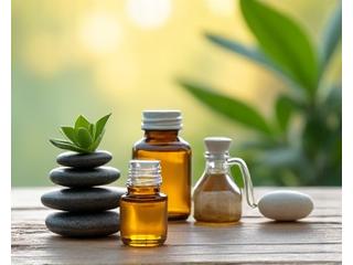 Pietre zen, piante, e una boccetta di oli essenziali per la gestione dello stress.