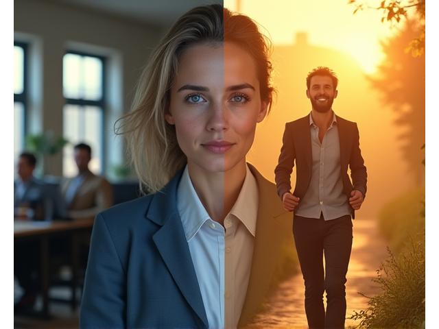 Concetto visivo di trasformazione dello stile di vita, con una persona stanca in un ambiente grigio e una persona energica e felice in un ambiente luminoso con colori vibranti.